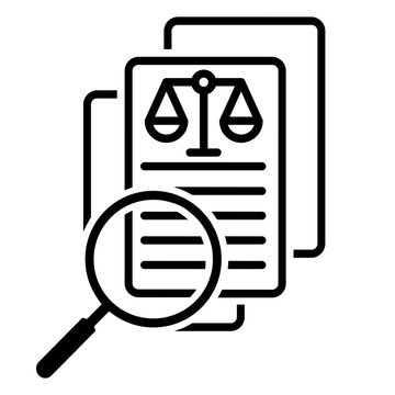 Law search icon vector. Legal lookup illustration sign. Regulation finder symbol. Statute search logo or mark.