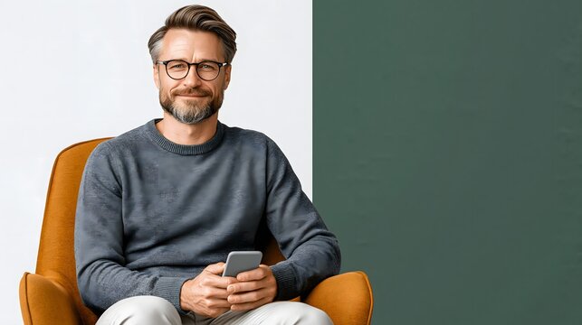 modern fintech user experience concept featuring smiling man on chair with smartphone, white and green corporate background