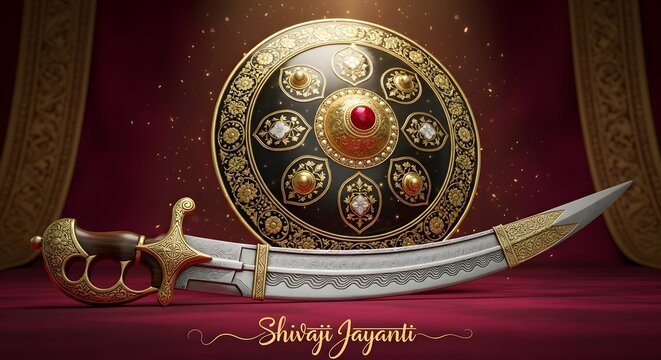 Maratha inspired shield and curved talwar sword on maroon background 4K video.
