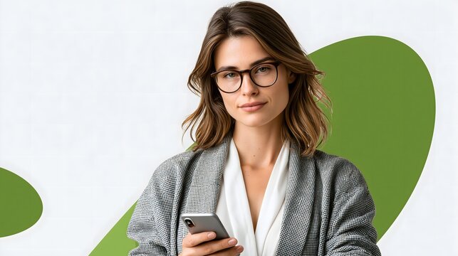 professional lifestyle portrait featuring smartphone interaction, isolated on white background with modern green graphics