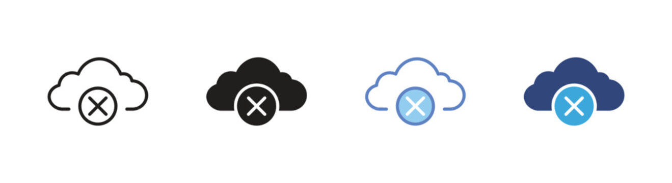 Cloud error icon set, Sync disabled symbols, Cloud failure vector icons, Upload, download warning signs, Data synchronization error illustration collection