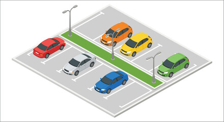 Isometric parking lot with multiple colored cars and streetlights vector illustration car park automobile vehicle © vector desgins 