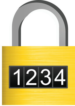 Realistic Yellow Combination Padlock with Number Code 1234 Security Protection Symbol
