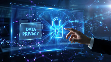 Fototapeta premium Hand touching glowing padlock symbol for data privacy on digital interface during network connection