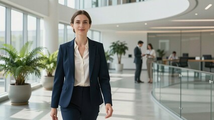 Fototapeta premium A professional woman in a navy suit walks confidently through a bright, modern office lobby with colleagues working in the background.