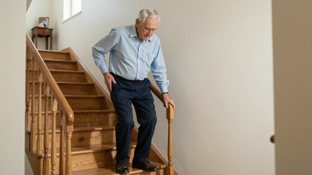 An older gentleman with white hair carefully descends a wooden staircase, grimacing in pain while clutching his hip and holding the railing for support.