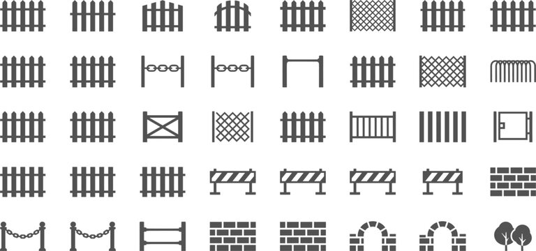 Fence and barrier icon set vector illustration with gates, walls, railings, decorative arches, and stylized tree silhouettes
