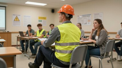 Naklejka premium A group of construction workers and trainees sit in a classroom setting during a safety workshop.