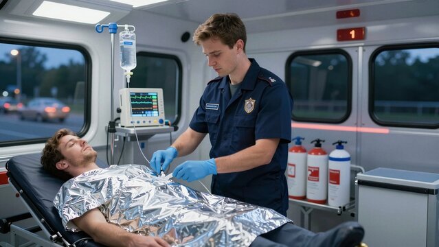 Male paramedic in blue uniform attending to a patient covered with a silver thermal blanket on an ambulance stretcher.