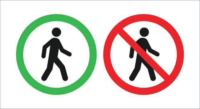Pedestrian access prohibition icons flat vector silhouettes against white backgrounds pedestrians walking person people figure
