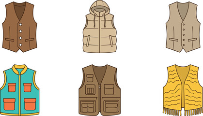 Stylish vest vector collection with winter puffer utility and casual sleeveless apparel isolated for fashion design projects © Monir
