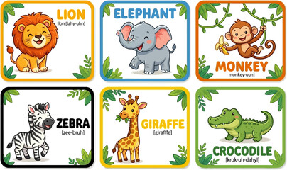 Obraz premium Cute jungle animals flashcard collection