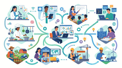 Fototapeta premium People from various industries interact and exchange information through technology and networks globally