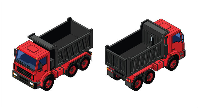 Isometric dump trucks red and black vector illustration on a white background truck tipper lorry