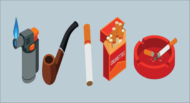 Smoking paraphernalia collection a vector illustration featuring a lighter pipe cigarette pack and ashtray flint
