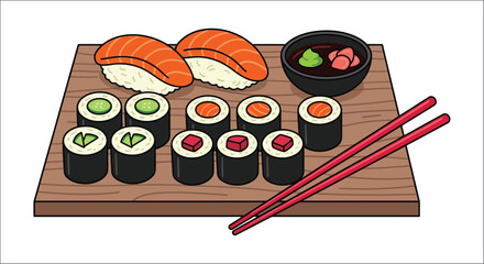 Assorted sushi rolls and nigiri presented on a wooden tray colorful vector illustration maki roll © vector desgins 