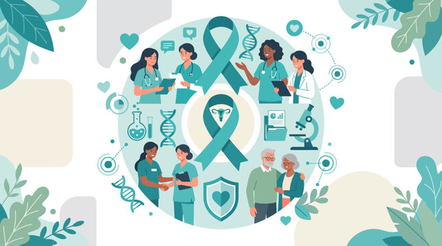 Medical professionals discuss health awareness with patients and symbols around a teal ribbon.
