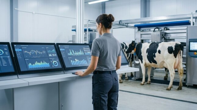 Modern Dairy Farm Automation: Woman Monitors Cow Health Data on Screens