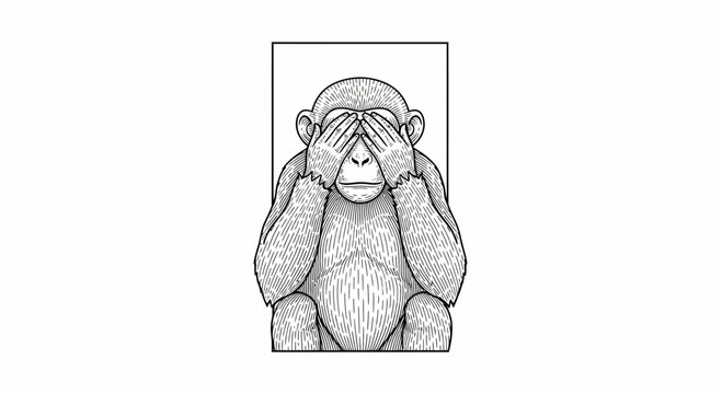 Chimpanzee Covering Eyes, See No Evil Monkey, Black and White Illustration