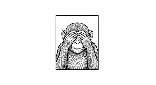 Chimpanzee Covering Eyes, See No Evil Monkey, Black and White Stipple Art