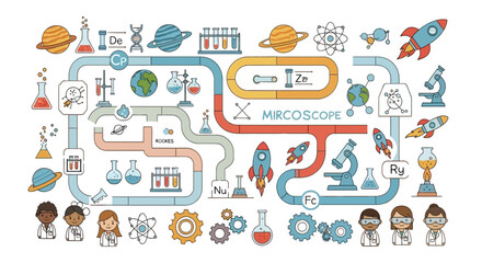 Science education icons and space exploration path with characters © jikri