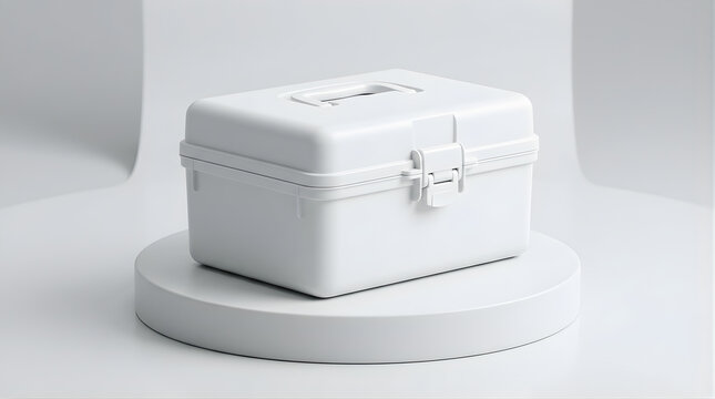Isolated matte white plastic tool box case on podium for 3d product mockup and blank branding display, industrial storage