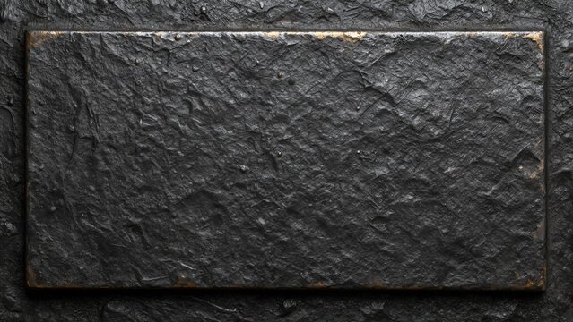 A close-up shot of a rectangular, textured black metal plate with gold accents along the edges and scattered rivets.