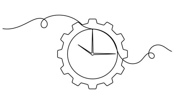 Timepiece clock inside cogwheel gear icon sign continuous one line drawing on white background minimalist time alert and automation service for industrial symbol 4k animation video