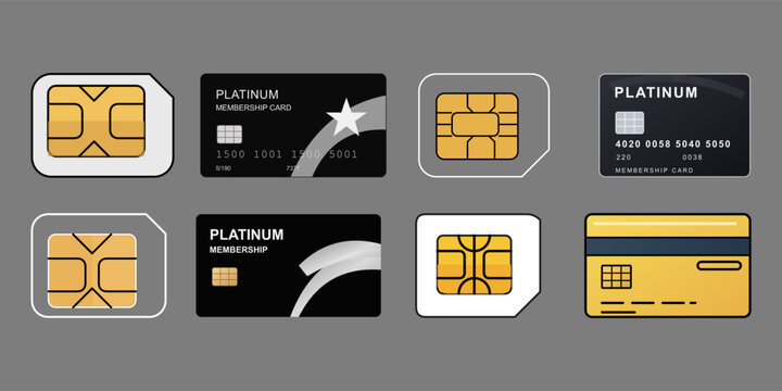 Set of sim cards and platinum membership credit cards with gold chips isolated on a gray background
