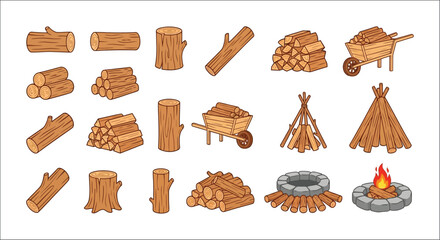 Collection of wood logs firewood and teepee illustrations on a white background timber lumber stump © vector desgins 