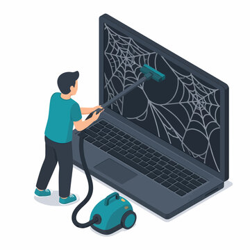 Isometric vector illustration of a technician using a blue vacuum cleaner to remove cobwebs from a laptop screen, symbolizing digital cleanup, maintenance, and data optimization.