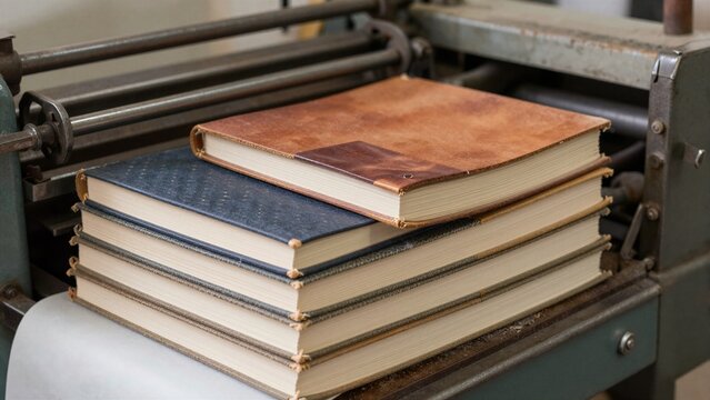 Close-up view of a stack of four thick, custom-bound books with leather covers resting on industrial binding machinery. Shows artisanal craftsmanship and unique cover designs.