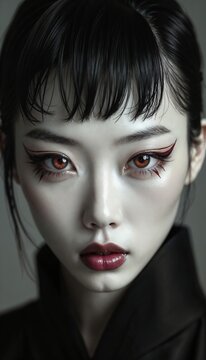 This photo shows a portrait with intricate dark red graphic eyeliner and bold lip makeu