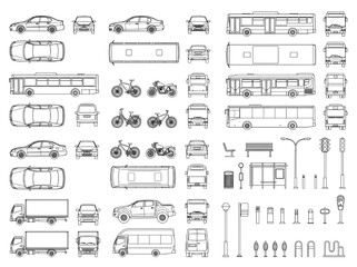 Vector CAD blocks for urban planning featuring transport vehicles and street infrastructure like cars buses trucks and bicycles for design © Tom