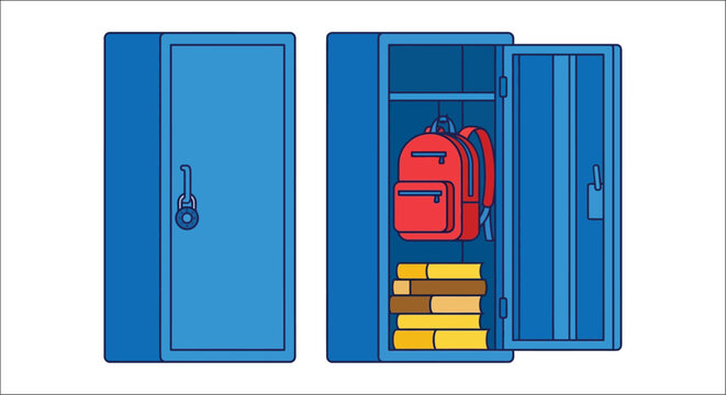 Blue metal locker with open door revealing a red backpack and stacked books vector illustration