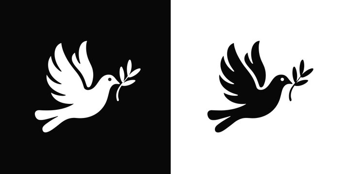 Dove of Peace: A stylized dove carries an olive branch in its beak, symbolizing peace and harmony. vector graphic, graphic symbol, peaceful emblem.