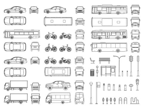 Vector CAD blocks for urban planning featuring transport vehicles and street infrastructure like cars buses trucks and bicycles for design
