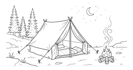 Outdoor camping tent vector illustration, cozy campfire scene, wilderness adventure line art, nature exploration graphic for travel and recreation designs © Caleb