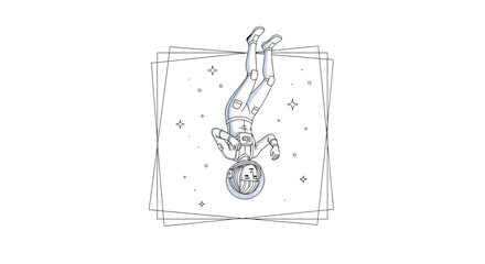 Fototapeta premium Astronaut Floating Upside Down in Space with Stars and Geometric Frame