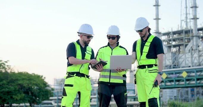 Male refinery engineer points toward pipeline while female technician checks laptop beside supervisor, coordinating petrochemical inspection route, maintenance planning, safety communication onsite.