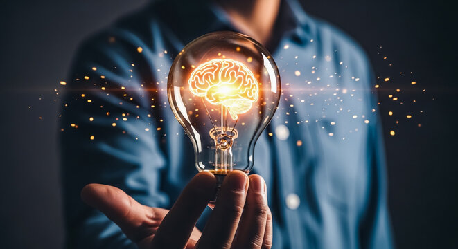 Person holding a glowing glass light bulb with an illuminated golden brain inside representing a brilliant creative idea and intellectual innovation with sparkling particles in a dark studio setting e