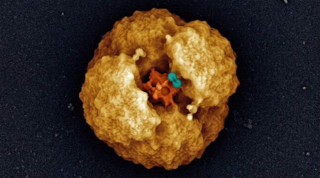 Nitrogenase 12 nm macromolecular complex, featuring iron molybdenum cofactor, fixing atmospheric nitrogen molecule N2 inside active catalytic pocket of bacterial enzyme structure.