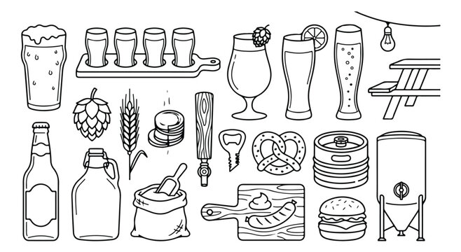 Craft Beer and Brewery Vector Icon Set, Hand-Drawn Outline Collection for Pubs, Bars, and Microbreweries, Monochrome Beverage and Food Elements