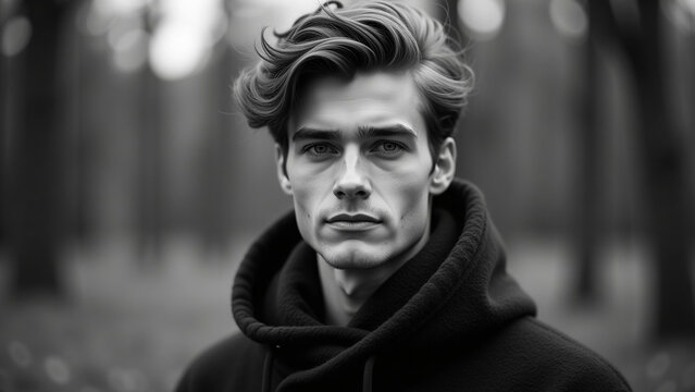 Man in autumn cloak iteration ar beautiful modern house creative design Black and white portrait