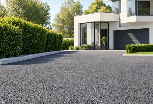 Crisp close-up DSLR view of fresh black asphalt driveway in front of modern luxury house, bright sunlight, green hedges, minimal architecture, soft depth background.