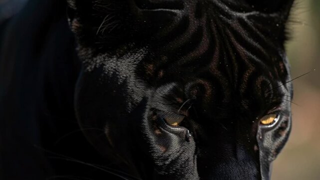 Black panther intensely staring and blinking its amber eyes