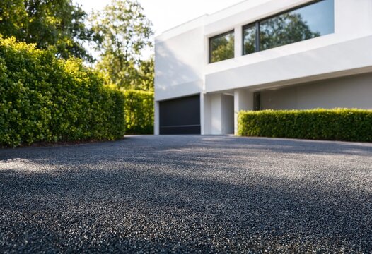 Crisp close-up DSLR view of fresh black asphalt driveway in front of modern luxury house, bright sunlight, green hedges, minimal architecture, soft depth background.