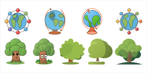 Fototapeta premium Collection of cartoon globes and trees in various styles, isolated on white background