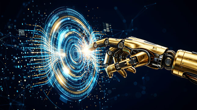 Golden robot hand touching glowing digital interface with binary code image