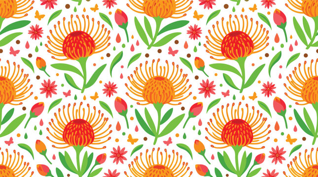 Seamless protea floral pattern with orange flowers and green leaves on white background